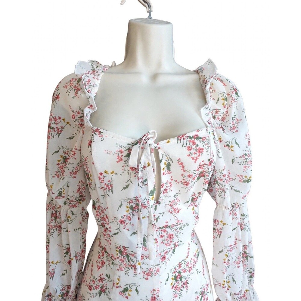 Missguided Floral Maxi Dress Cream Square Neck Frill Tie Long Sleeve sz 6 fairy